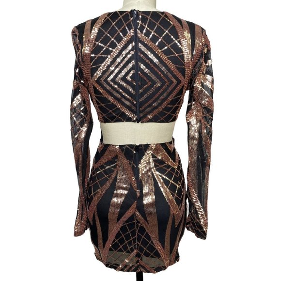Banjul Dance The Night Away Sequin Long Sleeve Mini Dress Black Gold Size Small - Picture 2 of 2